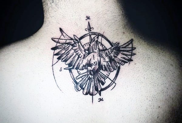 Back Of Neck Guy's Compass Cross Tattoo