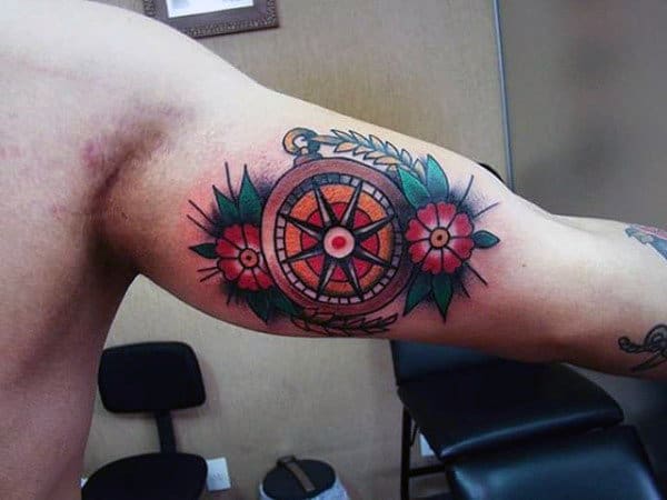 Guys Compass Inner Arm Bicep Traditional Tattoo Design Inspiration