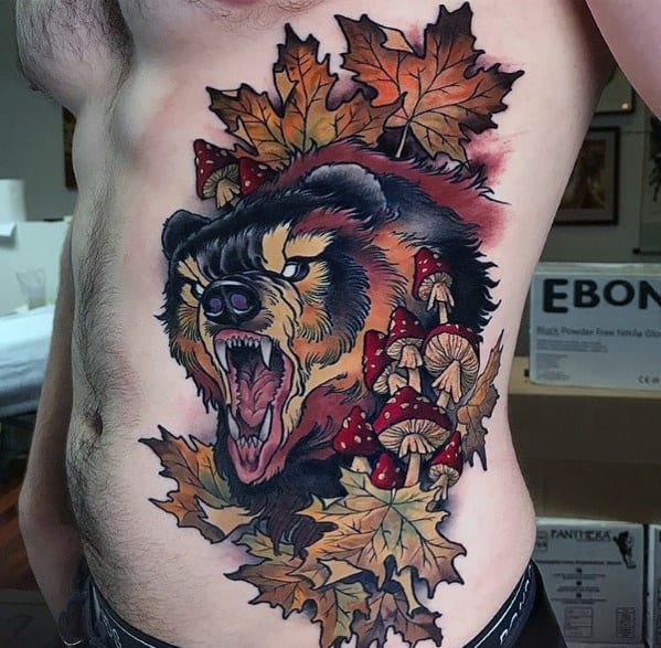Guys Cool Big Bear With Leaves Tattoo Ideas On Rib Cage Side Of Body