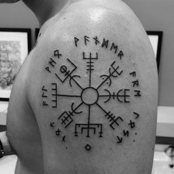 Guys Cool Simple Upper Arm Runic Compass Tattoo Ideas With Black Ink Design