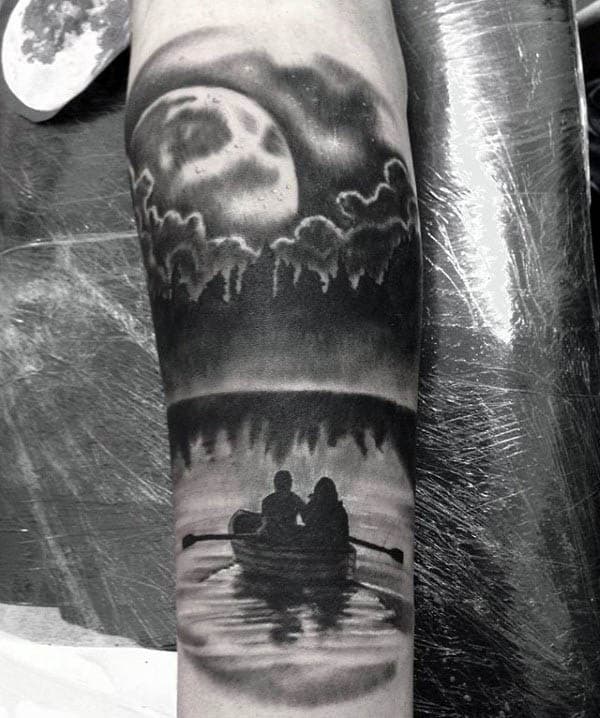 Guys Couple Out In A Boat On Lake Silhouette Sleeve Tattoo