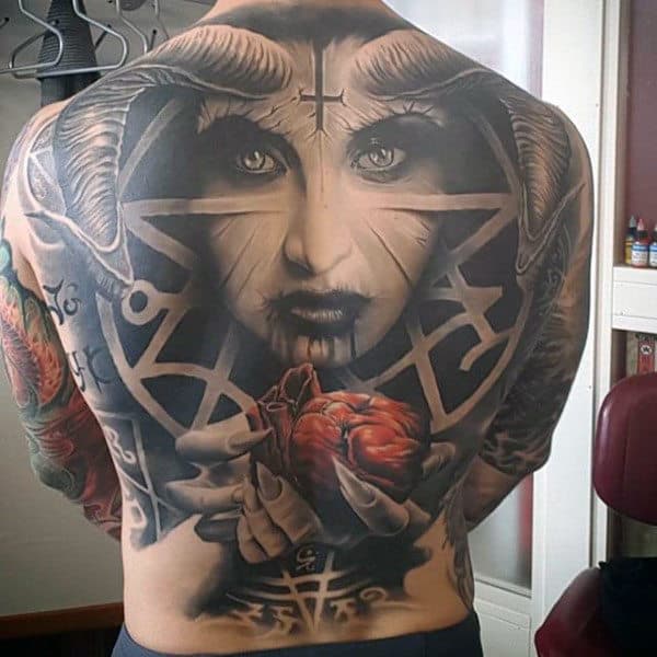 Guys Crazy Demonic Heart Full Back Tattoo Designs