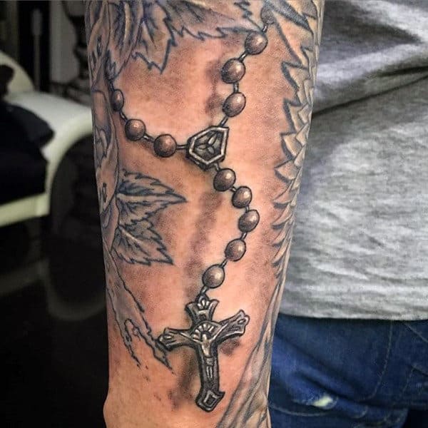 Guys Cross Tattoo With Rosary Beads