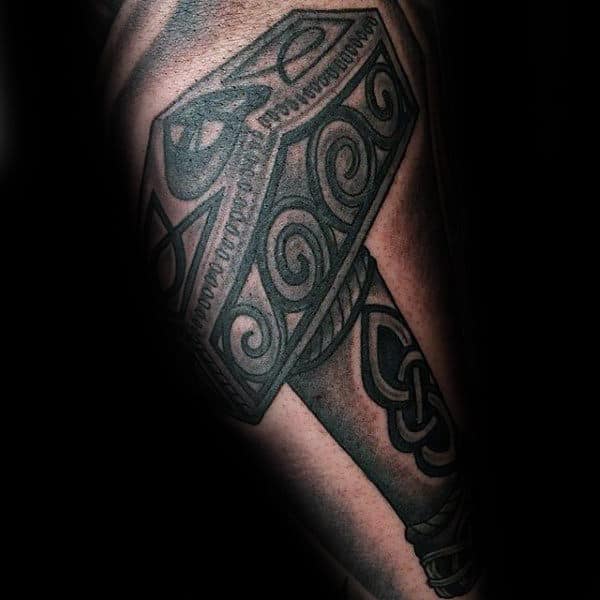Guys Dark Shaded Black And Grey Mjolnir Arm Tattoos
