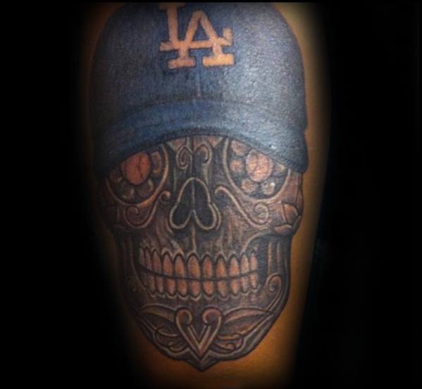 Guys Day Of The Dead Skull Dodgers Tattoo Design Ideas On Arm
