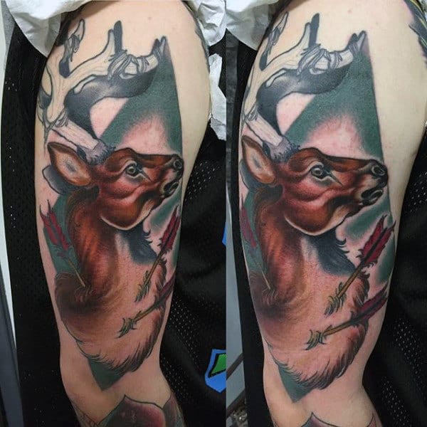 Guys Deer Antler With Arrows Leg Tattoo