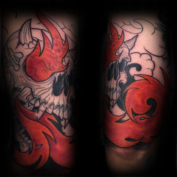 Guys Devil Flaming Skull Tattoo Design Ideas Quarter Sleeve