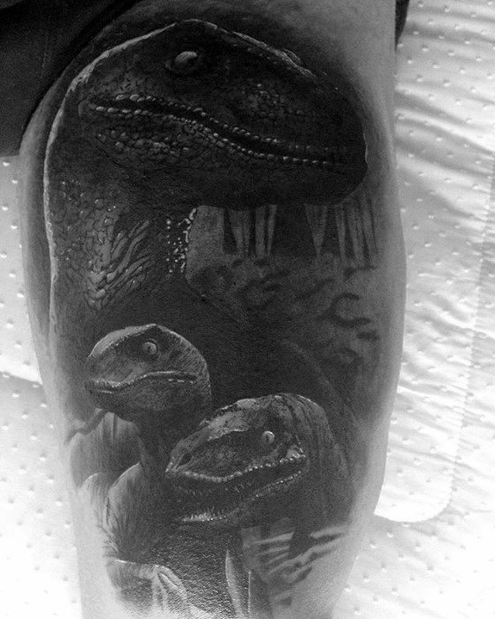 Guys Dinosaur Thigh Tattoo Ideas Jurassic Park Designs