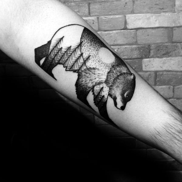 Blackwork tattoo of a bear silhouette with dotwork shading, featuring forest trees, mountains, and a glowing sun within its body.