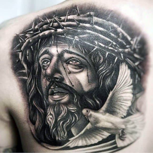 Guys Dove With 3d Jesus Crown Of Thorns Back Of Shoulder Tattoo Design Ideas