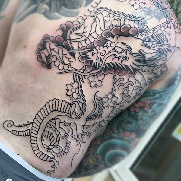 Guys Dragon Cherry Blossom Shaded And Outline Tattoo On Back