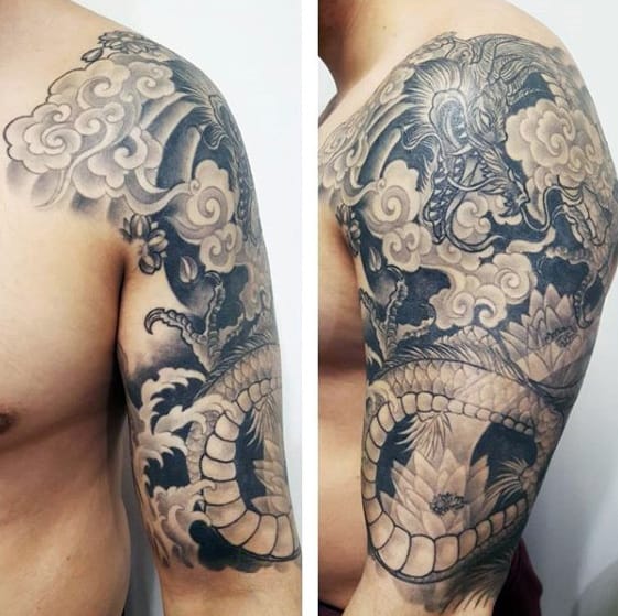 Guys Dragon Cloud Japanese Half Sleeve Shaded Tattoo