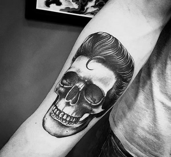 Guys Elvis Presley Skull Inner Forearm Tattoo