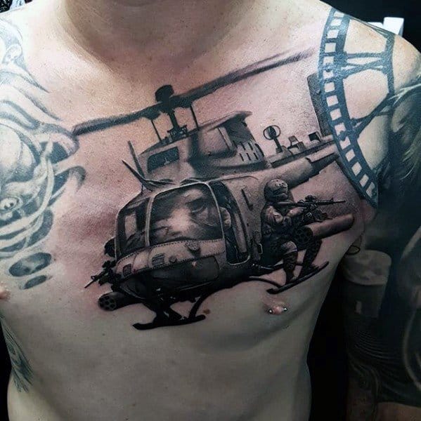 Guys Epic Helicopter 3d Chest Tattoo Design Ideas