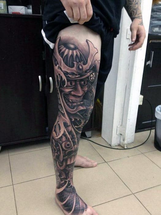 Guys Evil Samurai Mask Black Ink Traditional Style Full Leg Tattoo