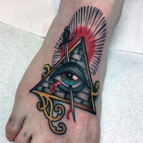 Guys Eye Of Providence Sword Tattoo Design On Foot