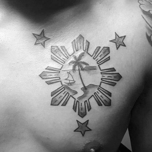 Guys Filipino Sun Tattoos On Chest