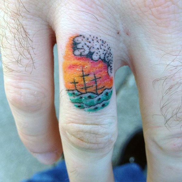 Guys Finger Tattoo Ideas Volcano With Sinking Ship Designs