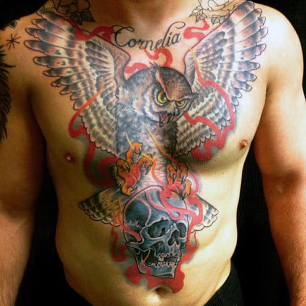 Double Flaming Skulls  Heart Mens Chest Tattoo