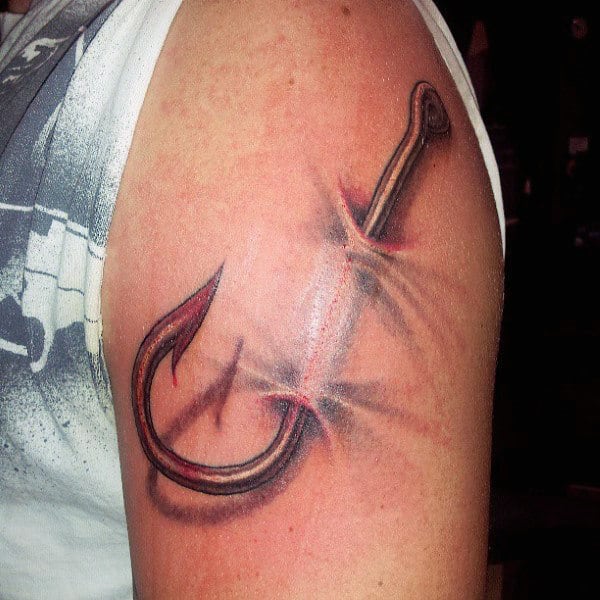 Guys Fish Hook Through Arm Tattoo Design