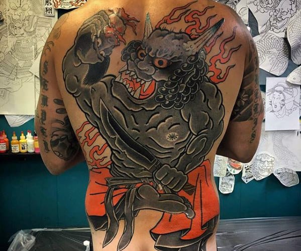 Guys Flaming Demon Japanese Back Tattoo Ideas