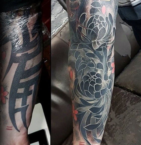 Guys Flower Black And Grey Ink Tattoo Cover Up Sleeves