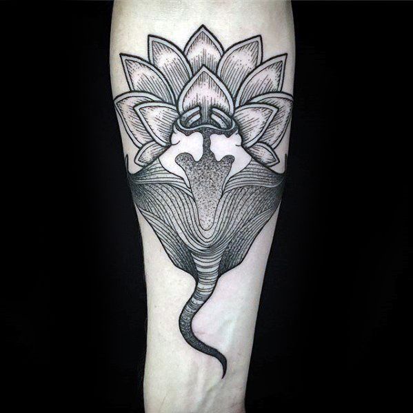 Guys Flower Inner Forearm Manta Ray Tattoo Deisgns