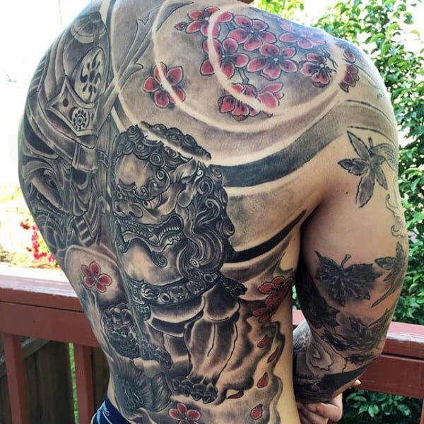 Guys Foo Dog Samurai Helmet Full Back Tattoo