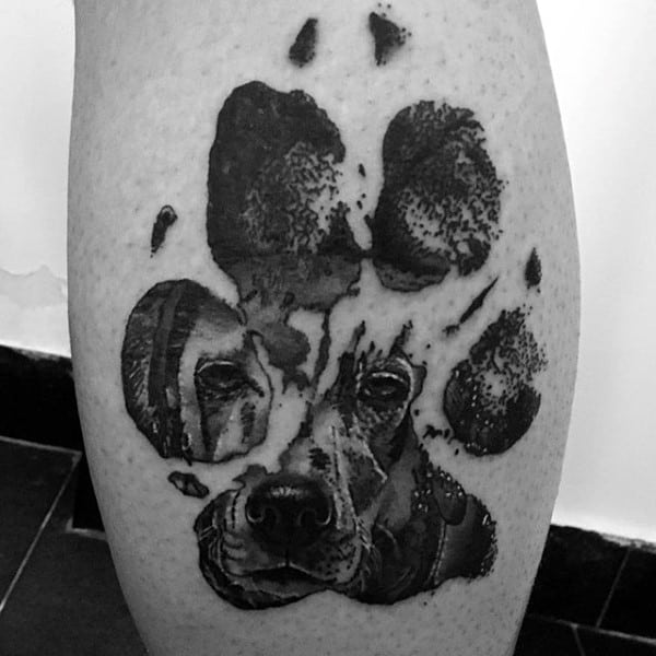 Guys Footprint Dog Portrait Paw Tattoo On Leg Calf
