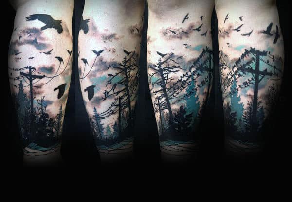 Guys Forearm Birds And Watercolor Tree Tattoo