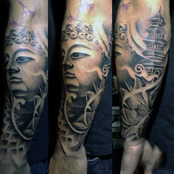 Guys Forearm Black Ink Sleeve Buddha Tattoo