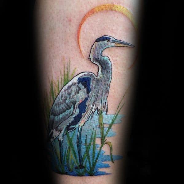 Guys Forearm Heron Water And Sun Tattoo Deisgns