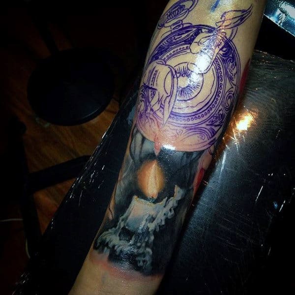 Guys Forearm Purple Pocket Watch With Candle Flame Tattoo