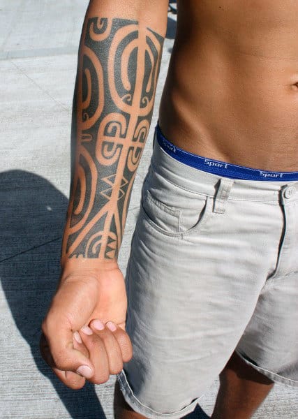 Guys Forearm Sleeve With Tribal Design Tattoo