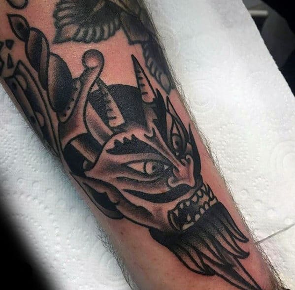 Guys Forearm Traditional Devil Shaded Tattoo Inspiration