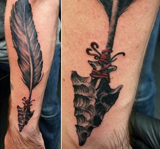 Guys Forearms Arrowhead With Angel Feathers Tattoos