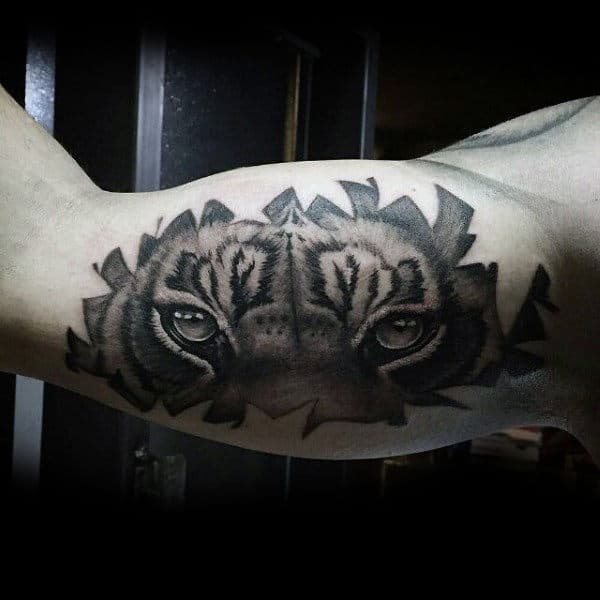 Guys Forearms Black And White Sharp Eyes Of Tiger Tattoo
