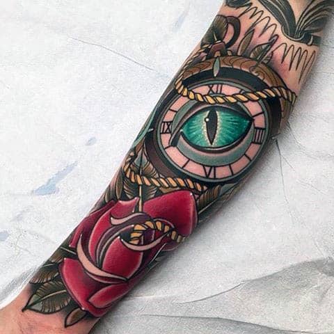 Guys Forearms Blue Eye And Rose Neo Traditional Tattoo