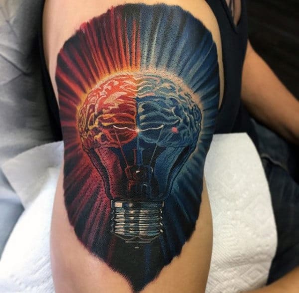 Guys Forearms Blue Green Brain Bulb Tattoo