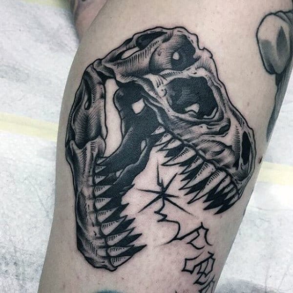 Guys Forearms Bony Grey Dinosaur Skeleton Tattoo