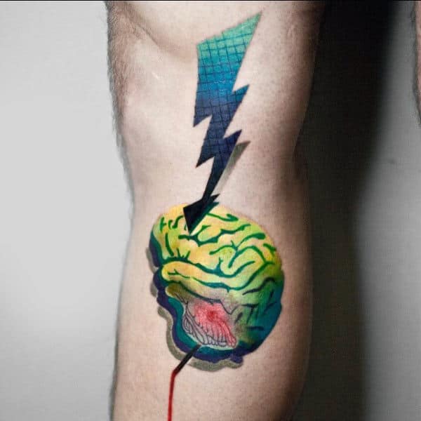 Guys Forearms Brain And Zig Zag Pattern Tattoo