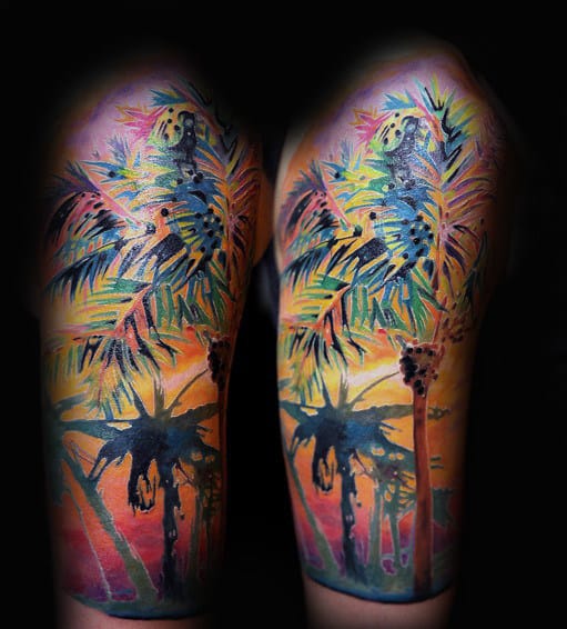 Guys Forearms Colorful Watercolor Tress Palm Tattoo