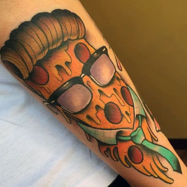 Guys Forearms Cool Cheesy Pizza With Tie Food Tattoo