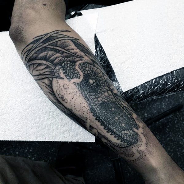 Guys Forearms Dotted Design Dinosaur Tattoo