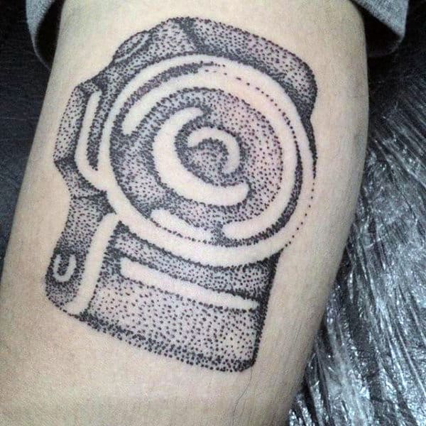 Guys Forearms Dotted Grey Camera Tattoo Design Ideas