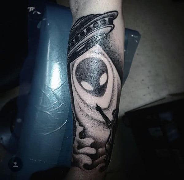 Guys Forearms Dotted Greyish Alien And Ufo Tattoo