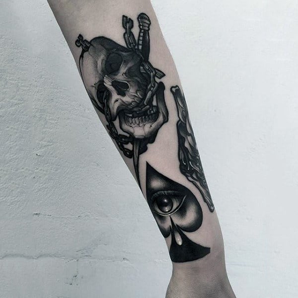 Guys Forearms Eye In Ace And Skull Tattoo