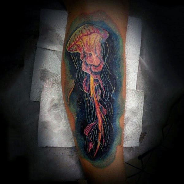 Guys Forearms Glowing Jellyfish Tattoo