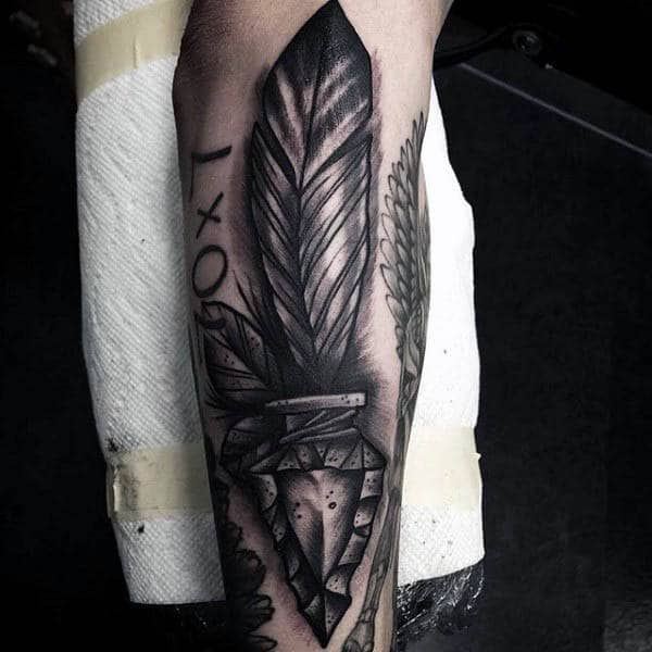 Guys Forearms Grey Neo Traditional Feather Tattoo