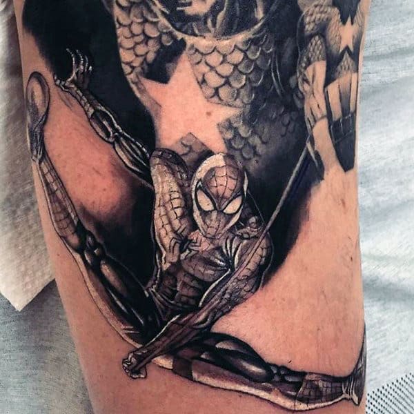 Guys Forearms Grey Spiderman Tattoo